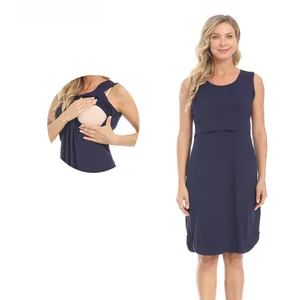 Detail of navy blue nursing dress featuring a double-layer breastfeeding opening design