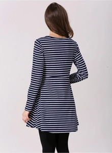 Rear view of a navy blue and white striped long sleeve maternity tunic with slim fit design