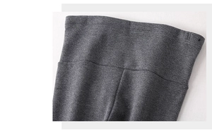 Close-up of wide high-waist design and smooth stitching on gray maternity leggings