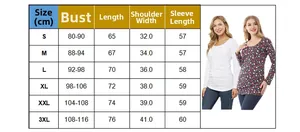 Detailed size chart for women's leopard print nursing top in sizes S to 3XL with measurements