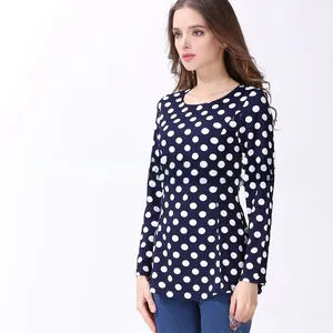 Close-up of long sleeve maternity nursing top with white polka dots on navy blue fabric