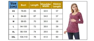 Size chart showing detailed measurements for leopard print long sleeve nursing top