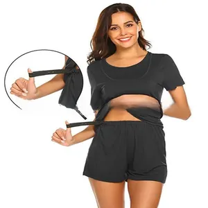 Detail view of the adjustable elastic waistband on maternity pajamas shorts