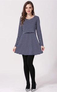 Navy and white striped long sleeve maternity tunic with round neck and A-line cut