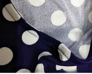 Detailed macro view of navy blue fabric with white polka dots for breastfeeding T-shirt