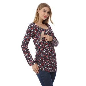 Navy floral long sleeve nursing top in soft cotton featuring a hidden feeding opening