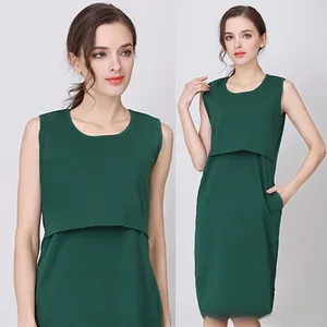 Detail of dark green sleeveless cotton maternity dress with double-layered nursing design