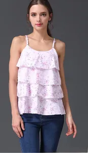 Detail of pink floral nursing camisole with three-layer ruffled hem in soft modal fabric