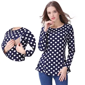 Women's Nursing Top Long Sleeve Polka Dot Print Maternity Shirt With Invisible Zipper Breastfeeding Opening Casual Postpartum Top