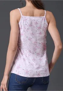 Rear view of a floral nursing camisole with thin straps and ruffled layers