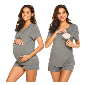 Short sleeve modal maternity pajamas set with adjustable waist and nursing access in grey