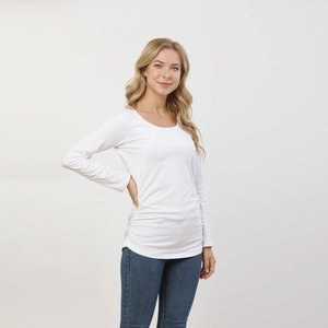 Long sleeve white maternity nursing top with side ruching detail and round neckline