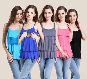 Detail view of multi-color nursing camisoles with layered ruffles and breastfeeding access