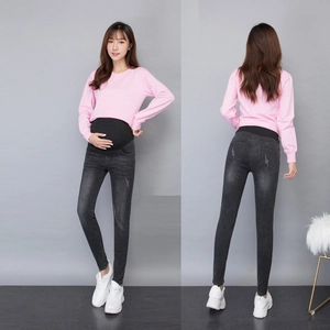 Slim fit maternity jeans with high-waist belly support in black, front and back views