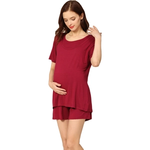 Short sleeve modal maternity pajama set in burgundy with adjustable waist for pregnancy