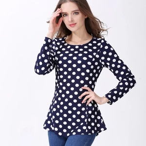 Polka dot long sleeve maternity nursing top with hidden side zippers in navy blue color