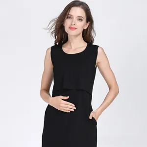 Detail view of the black nursing dress featuring sleeveless design and hidden pockets