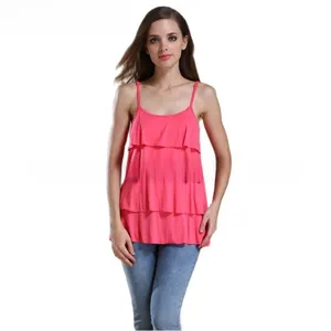 Detail of pink tiered ruffle nursing camisole with adjustable spaghetti straps