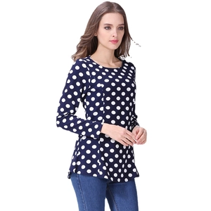 Navy polka dot long sleeve nursing t-shirt with side zipper for breastfeeding mothers