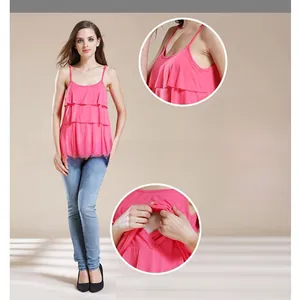 Detail of breastfeeding access on a pink layered ruffle maternity nursing tank top