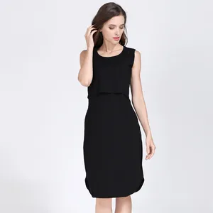 Detail of black maternity nursing dress featuring double-layered cotton feeding access