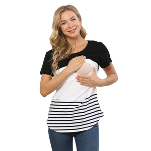 Cotton Maternity Nursing T-Shirt Color Block Striped Short Sleeve Breastfeeding Top For Pregnant Women Comfort Daily Wear