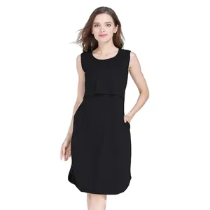 Detail of black maternity nursing dress with dual-layer design and invisible pockets