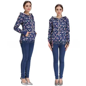 Dettagli della felpa per allattamento a fiori con coulisse e pantaloni in denim coordinati