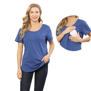 Women's Cotton Maternity Nursing T-Shirt Short Sleeve Round Neck Breastfeeding Top Casual Solid Color Soft Shirt