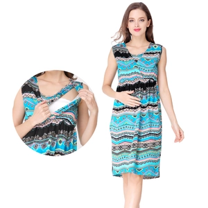 Robe de Maternité Sans Manches Pour Femmes Allaitement Été Bohémien Imprimé Géométrique Coton Col en V Robe Midi Ample