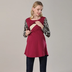 Long sleeve maternity nursing top with red body and leopard print sleeves