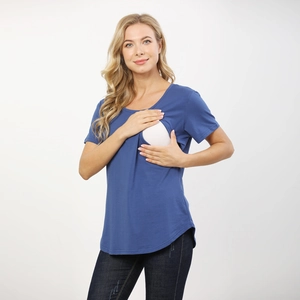 Short sleeve nursing t-shirt in blue featuring discreet double layer breastfeeding access