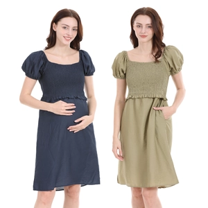 Smocked maternity midi dress with puff sleeves and square neck in navy and olive green