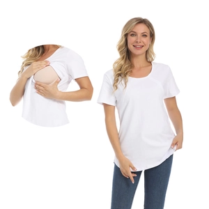 White short sleeve nursing T-shirt with functional feeding opening and round neck design