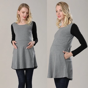 Fashionable maternity long sleeve grey patchwork tunic with convenient side pockets