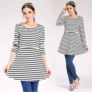 Black and white striped long sleeve maternity top with A-line silhouette and round neck