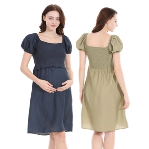 Short puff sleeve maternity dress with square neck and smocked bodice in A-line fit