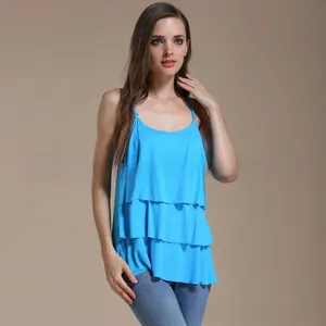 Detail of light blue tiered ruffles and soft modal fabric on breastfeeding camisole