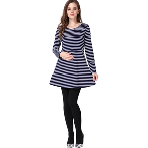 Navy and white striped long sleeve maternity dress with a round neck and A-line cut