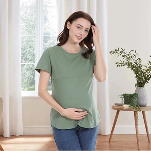 Detail of green cotton nursing shirt with hidden nursing access for breastfeeding comfort