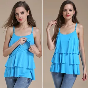 Detail of sky blue maternity nursing camisole with tiered ruffles and nursing opening