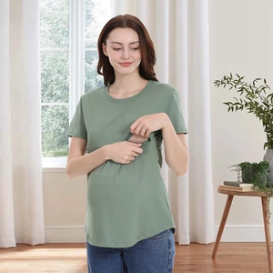 Close-up of the hidden horizontal zipper opening on a short-sleeved maternity nursing top