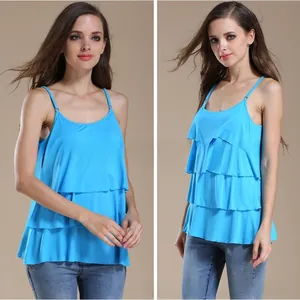 Detail of light blue maternity nursing camisole with three-tier ruffles and thin straps