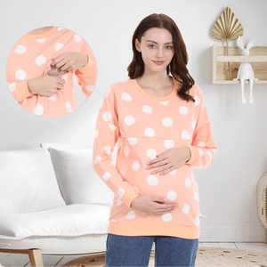 Cotton Polka Dot Maternity Nursing Sweatshirt Long Sleeve Breastfeeding Top For Pregnant Women Postpartum Casual Clothing