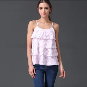 Detail of pink floral tiered maternity nursing camisole with stylish ruffled layers
