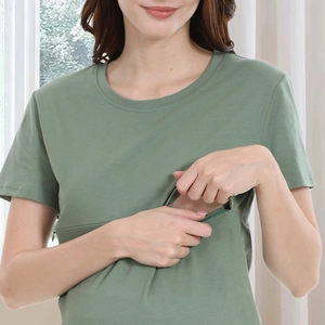 Detail of hidden zipper nursing openings on a cotton short sleeve maternity T-shirt