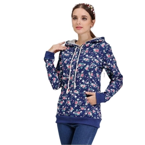 Felpa con cappuccio premaman blu navy con stampa floreale e tasca a marsupio