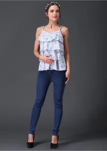 Detail of floral maternity nursing camisole with three-layer tiered ruffles and soft modal