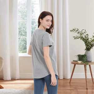 Side view of soft grey cotton maternity T-shirt with curved hem for a comfortable fit