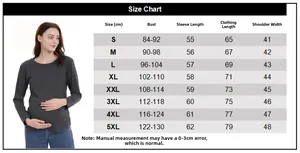 Tabella taglie dettagliata per maglia premaman a maniche lunghe dalla taglia S alla 5XL